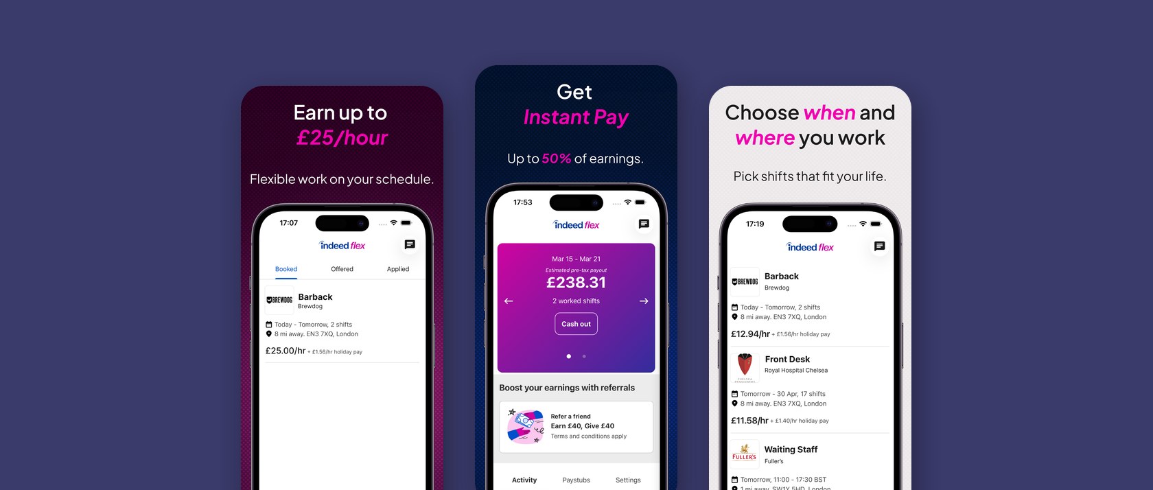 Indeed Flex app screens